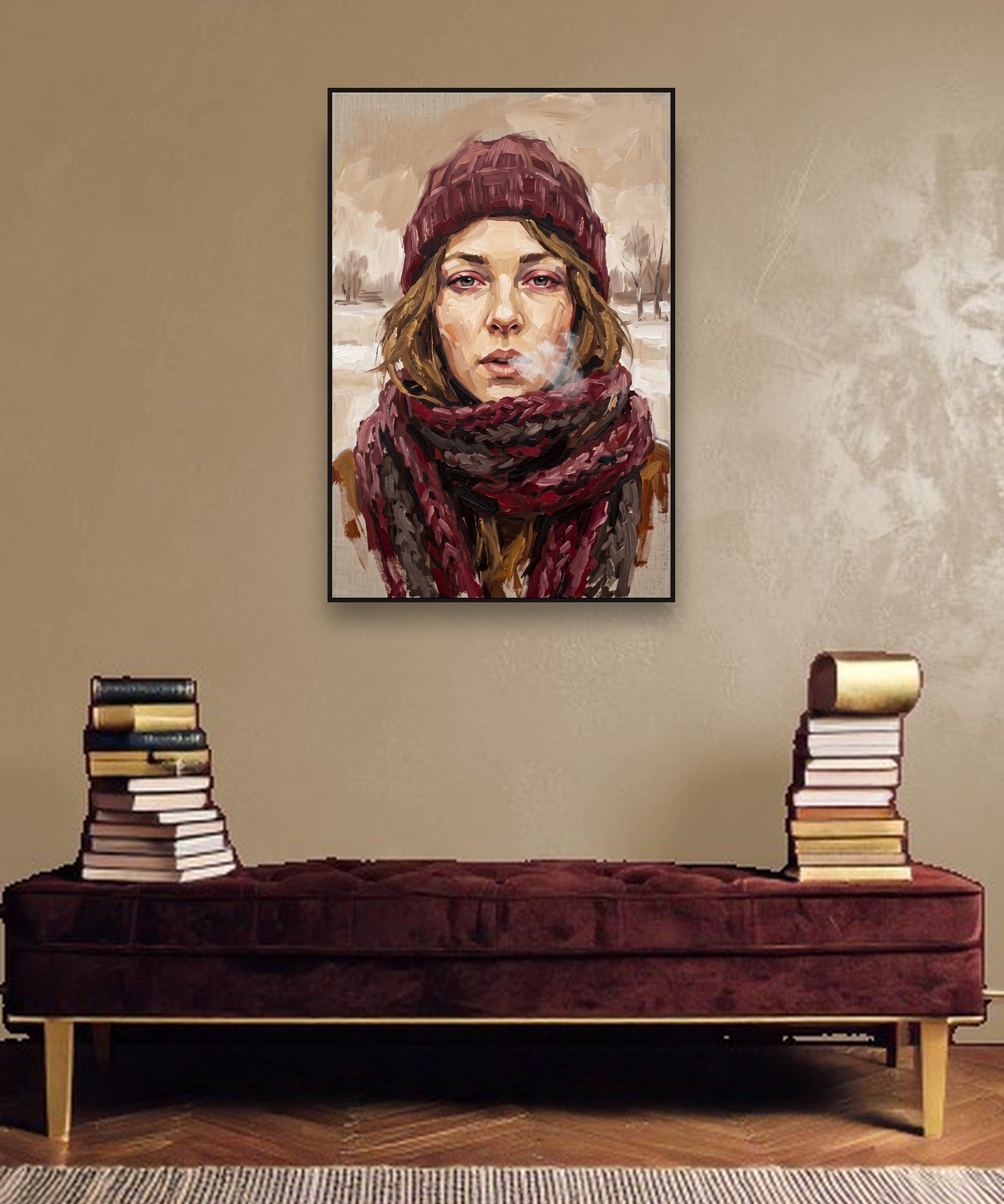 Winter's Breath Stimmungsbild mit schwarzem Schattenfugenrahmen im modernen Interieur