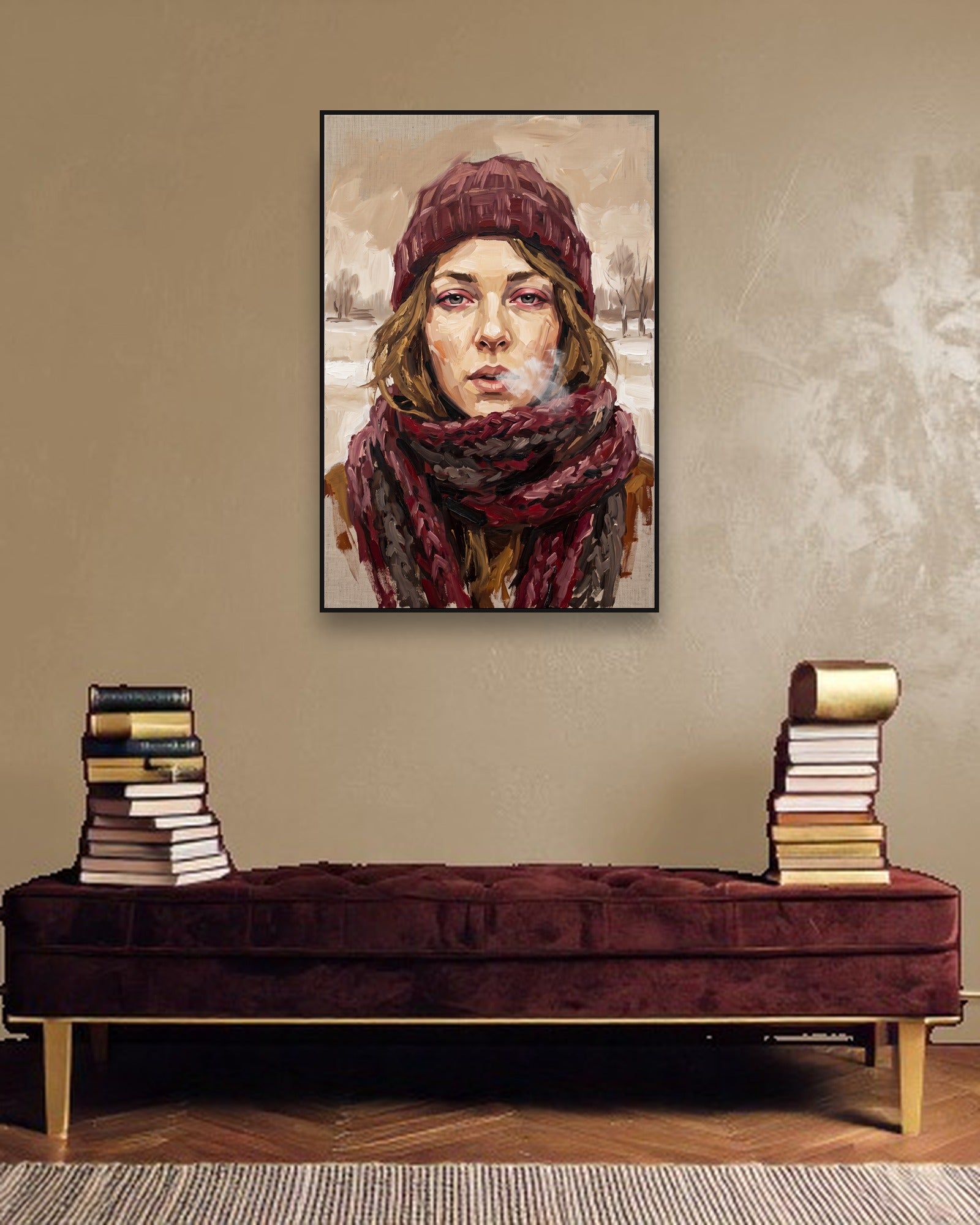 Winter's Breath Stimmungsbild mit schwarzem Schattenfugenrahmen im modernen Interieur