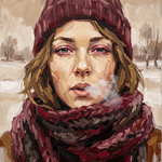 Winter's Breath - winterportret met bordeaux sjaal wanddecoratie