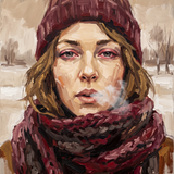 Winter's Breath - winterportret met bordeaux sjaal wanddecoratie