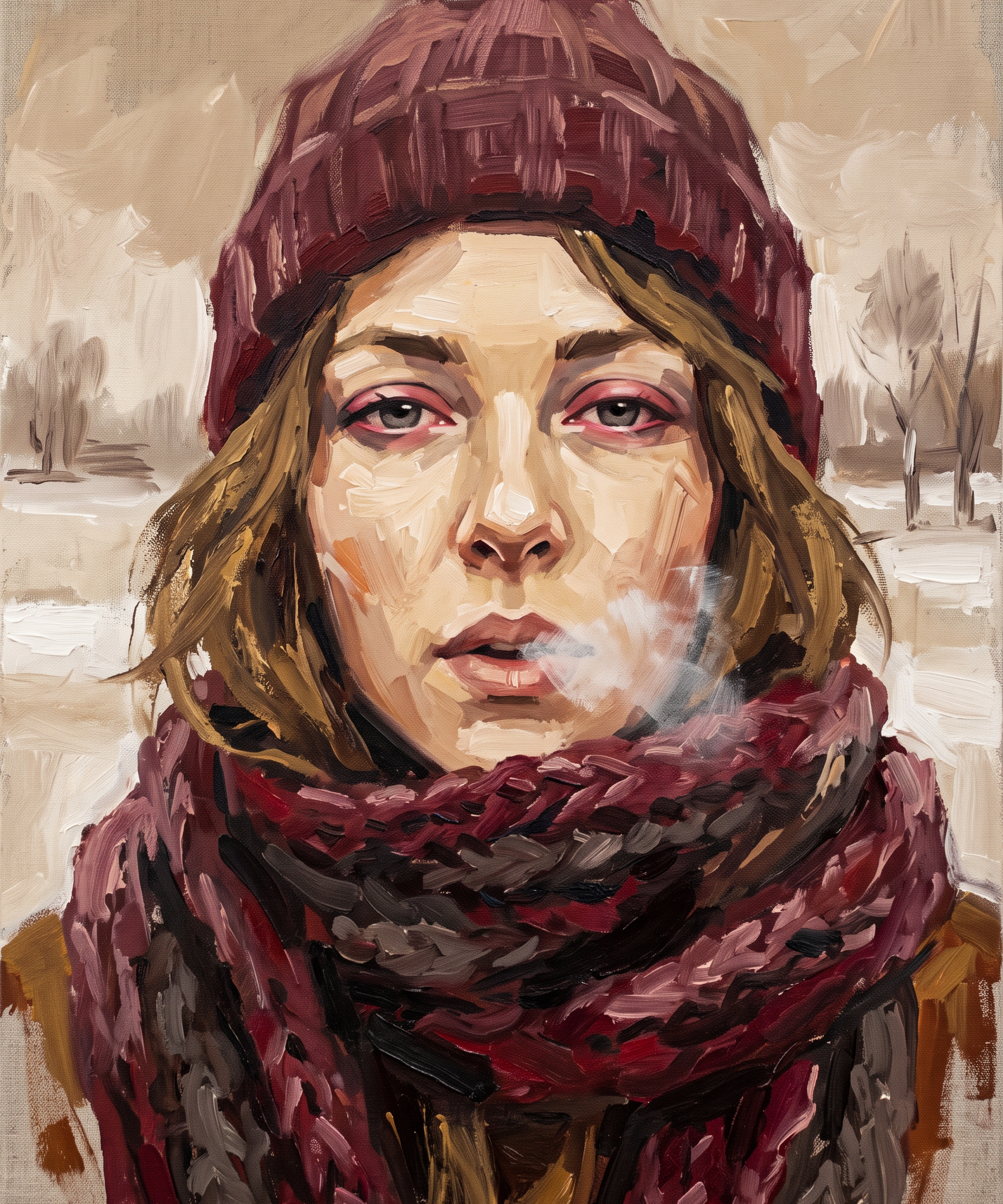 Winter's Breath - winterportret met bordeaux sjaal wanddecoratie