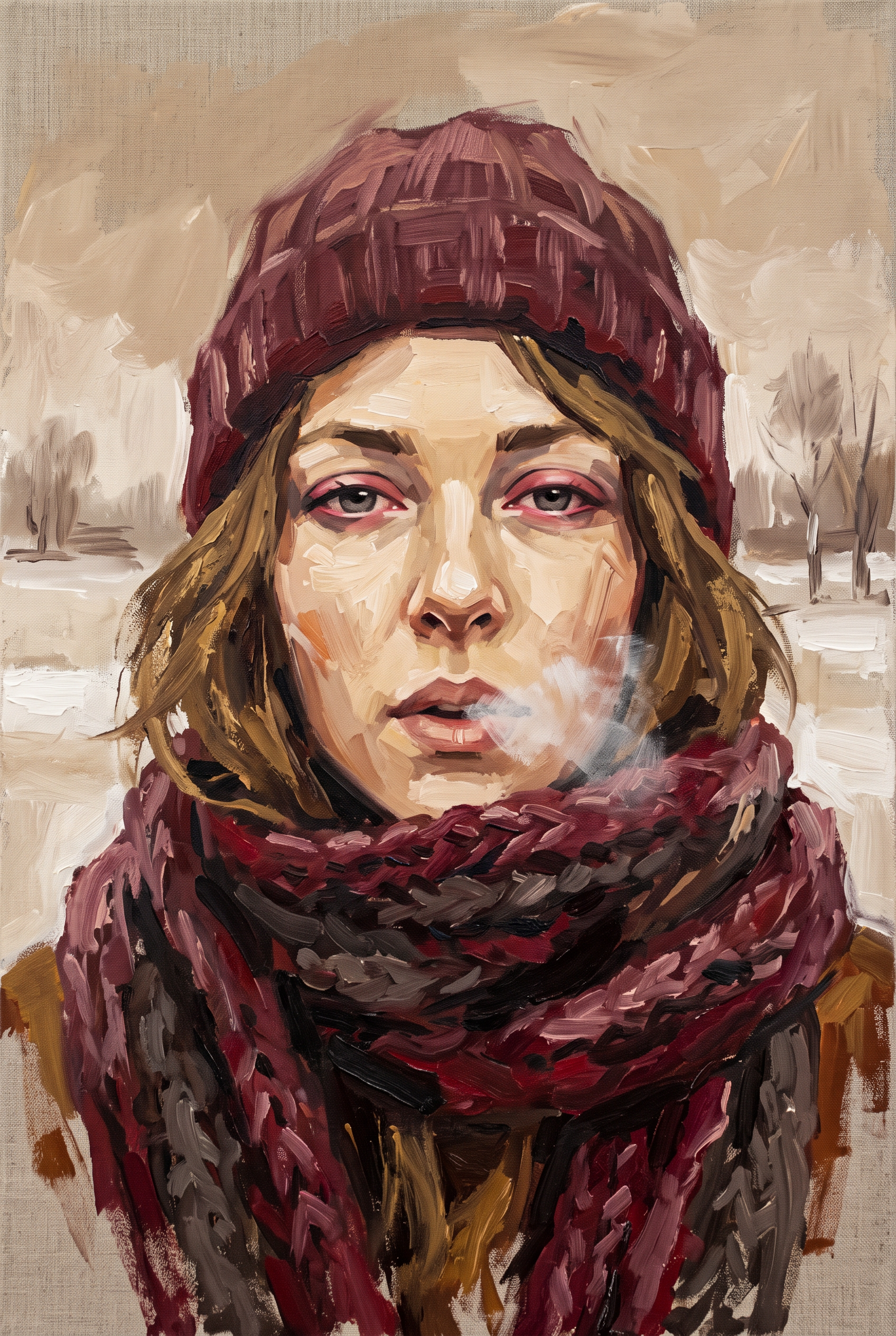 Winter's Breath - winterportret met bordeaux sjaal wanddecoratie