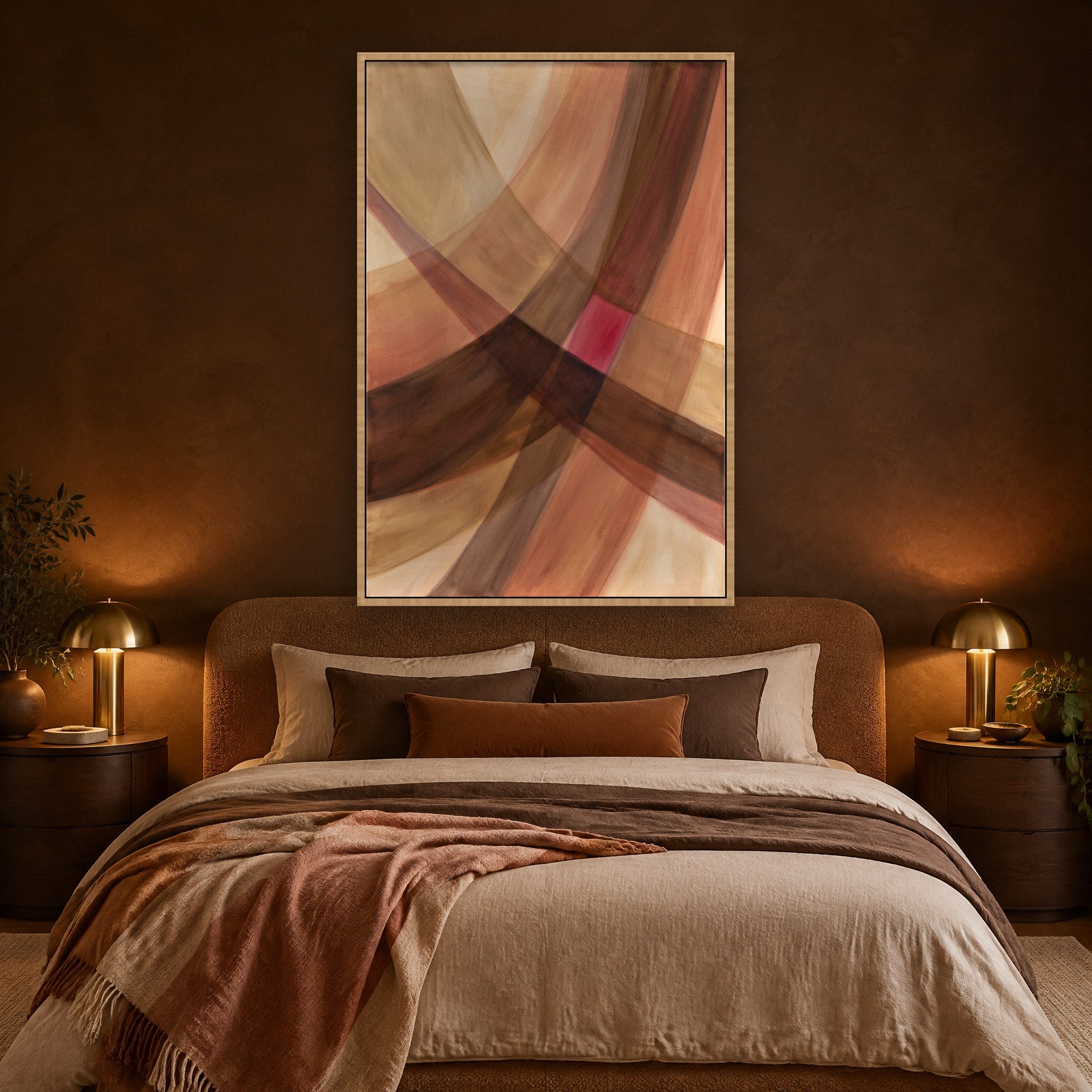 Woven Light sfeerbeeld met baklijst in naturel hout in een warme slaapkamer